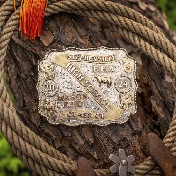 A custom belt buckle for Stephenville High School Class of 2024 with personalized name featuring a bronze cow figure and the FFA initials